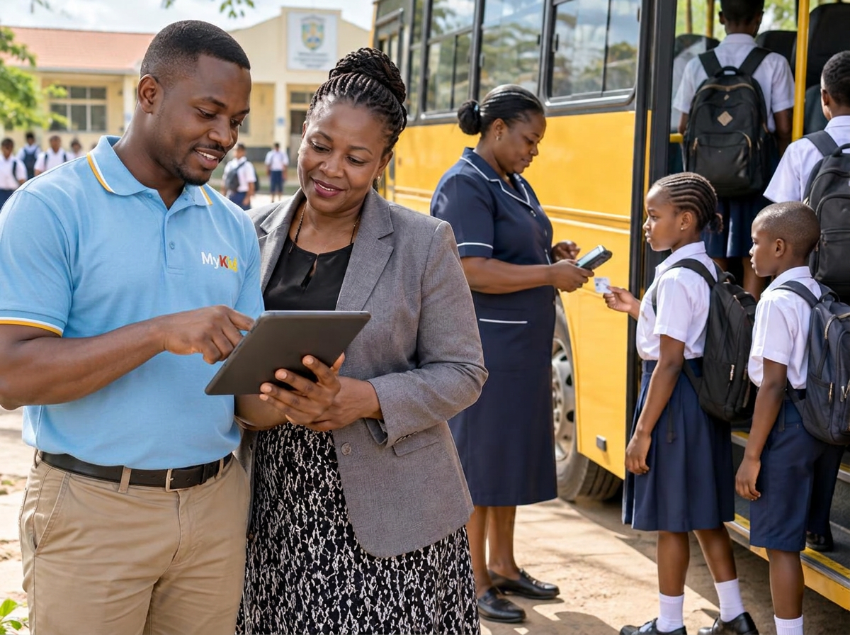 A MyKid officer onboarding a school administrator while students scan onto a school bus